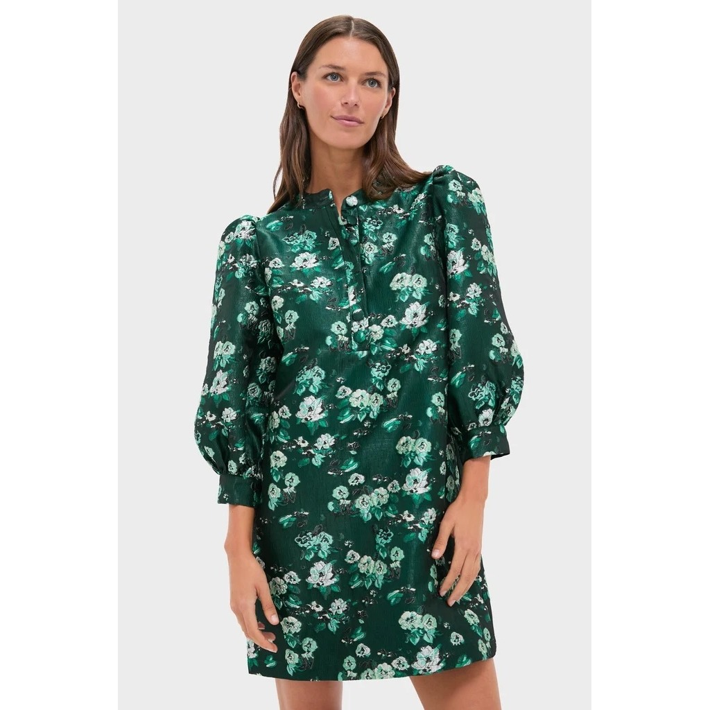 Pomander Place Floral Brocade Puff Sleeve Shift Dress Pink Yellow Green Small